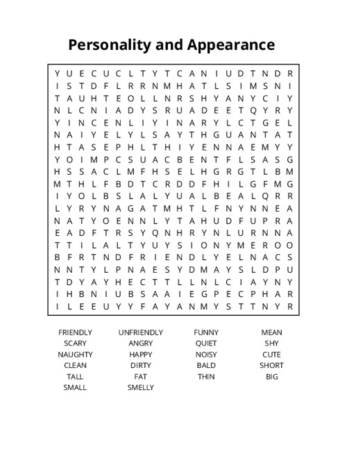 Personality and Appearance Crossword Puzzle