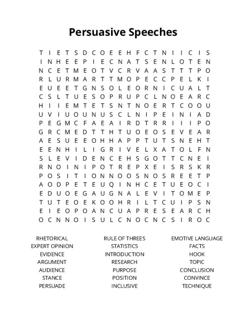 Persuasive Speeches Word Search Puzzle