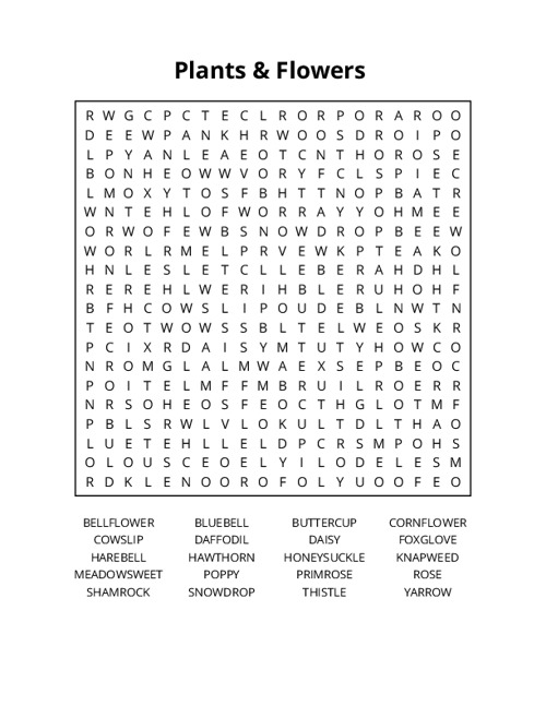 Plants & Flowers Word Search Puzzle