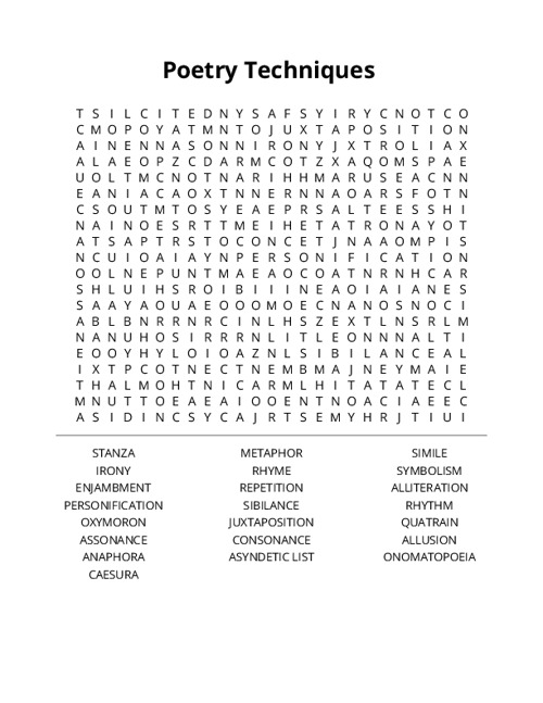 Poetry Techniques  Word Search Puzzle
