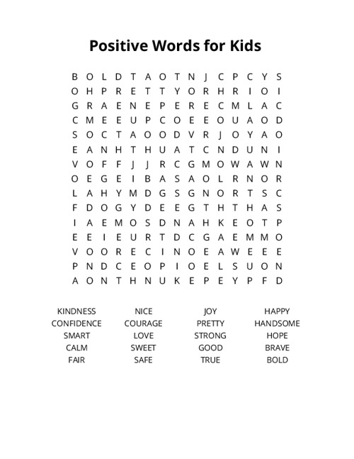 Positive Words for Kids Crossword Puzzle