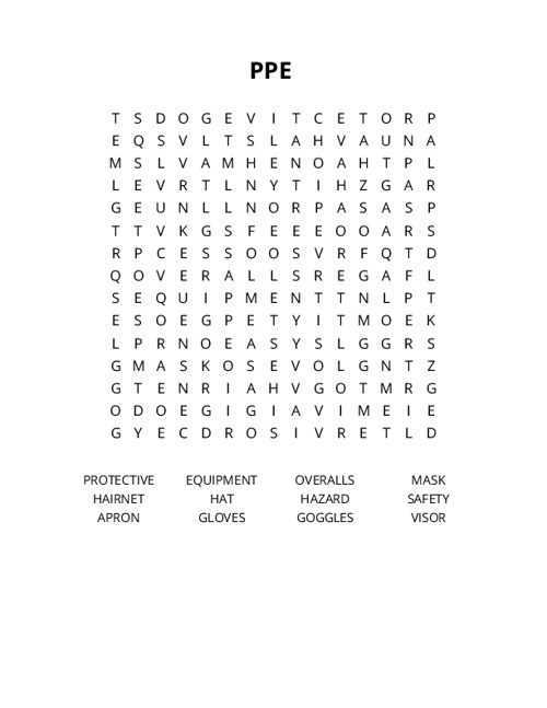 PPE Word Search Puzzle
