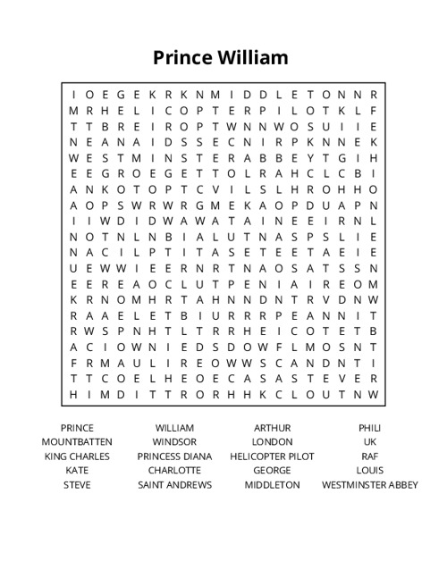 Prince William Word Search Puzzle