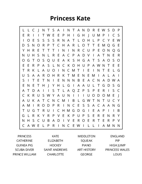 Princess Kate Word Search Puzzle