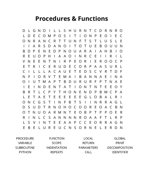 Procedures & Functions Word Search Puzzle