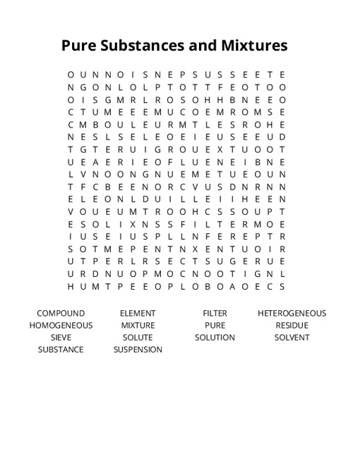 Pure Substances and Mixtures  Word Search Puzzle