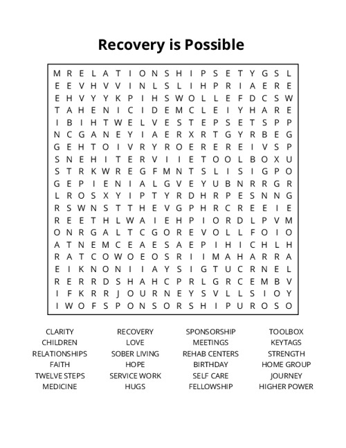 Recovery is Possible Word Search Puzzle