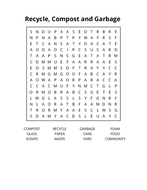 Recycle, Compost and Garbage Word Search Puzzle