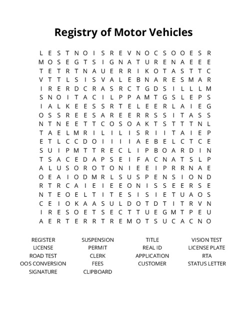 Registry of Motor Vehicles  Word Search Puzzle
