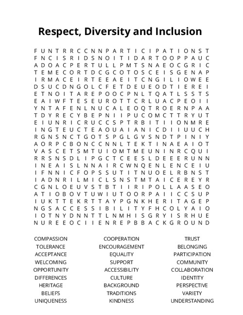 Respect, Diversity and Inclusion Word Search Puzzle