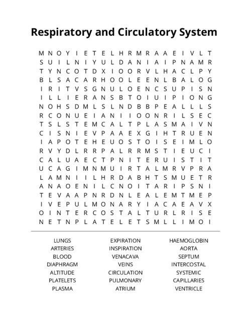 Respiratory and Circulatory System Crossword Puzzle