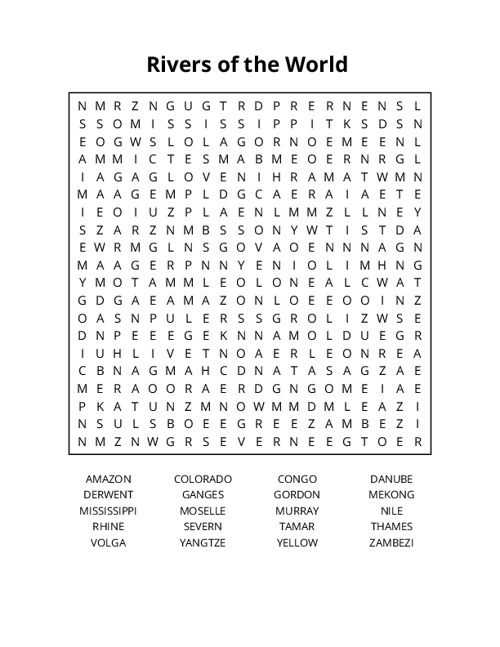 Rivers of the World Word Search Puzzle