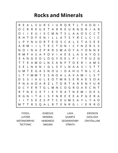 Rocks and Minerals  Word Search Puzzle