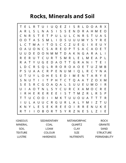 Rocks, Minerals and Soil Word Search Puzzle