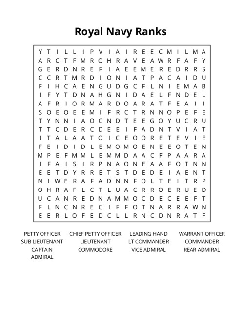 Royal Navy Ranks Word Search Puzzle