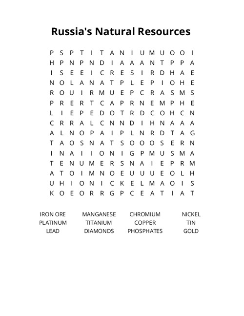 Russia's Natural Resources Word Search Puzzle