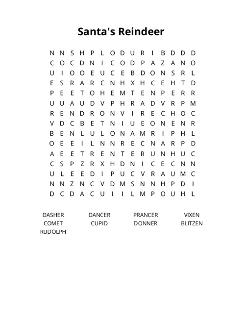 Santa's Reindeer Word Search Puzzle