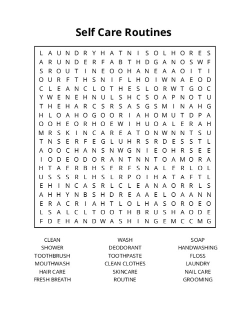 Self Care Routines Word Search Puzzle