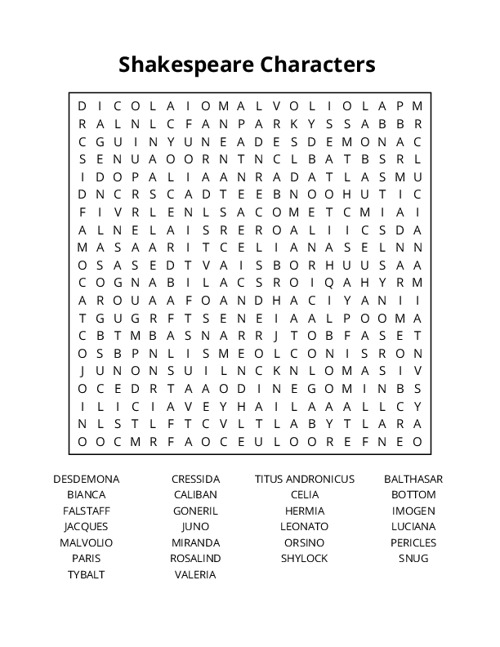 Shakespeare Characters  Word Search Puzzle