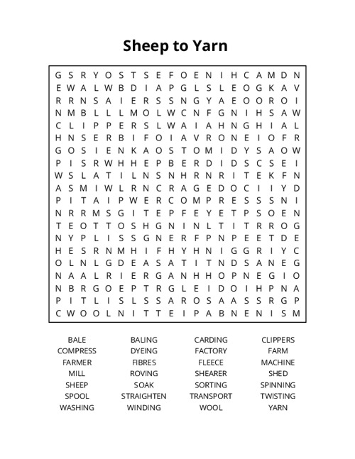 Sheep to Yarn Word Search Puzzle