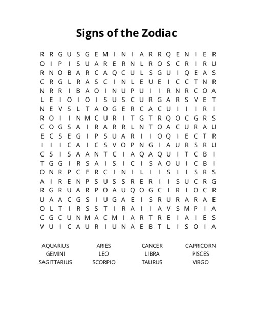 Signs of the Zodiac  Word Search Puzzle
