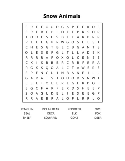 Snow Animals Word Search Puzzle