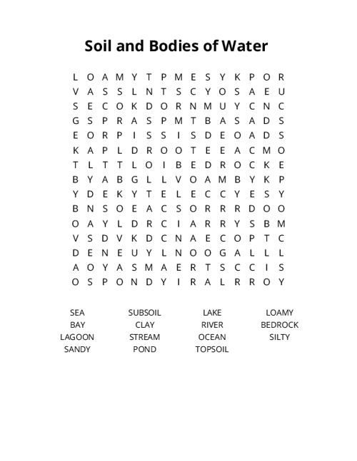 Soil and Bodies of Water  Word Search Puzzle