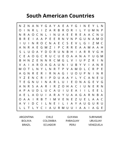 South American Countries Crossword Puzzle