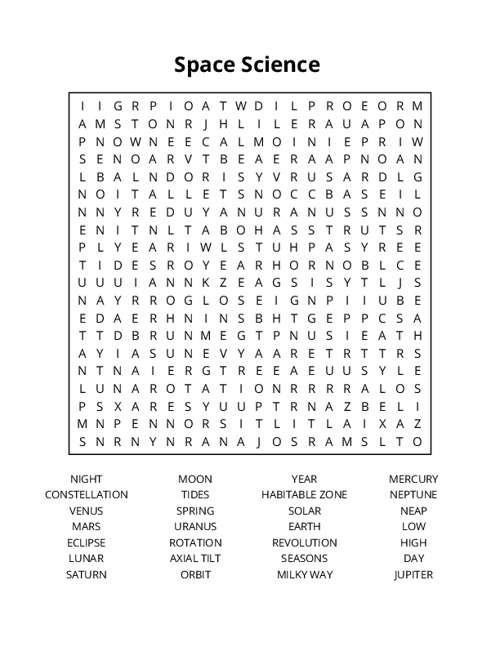 Space Science Word Search Puzzle