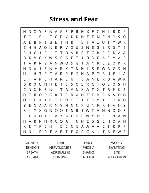 Stress and Fear Word Search Puzzle