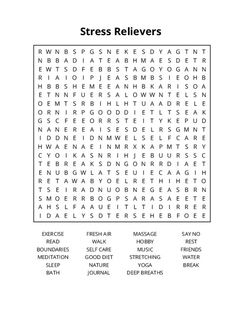 Stress Relievers  Word Search Puzzle