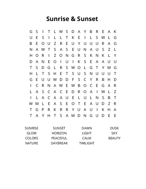 Sunrise & Sunset Word Search Puzzle