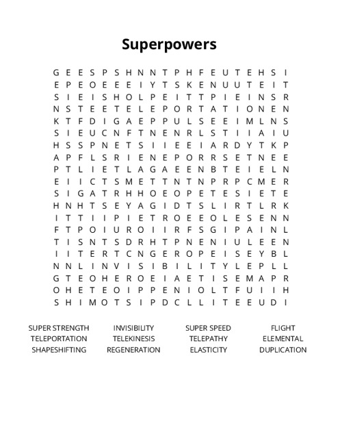 Superpowers Word Search Puzzle