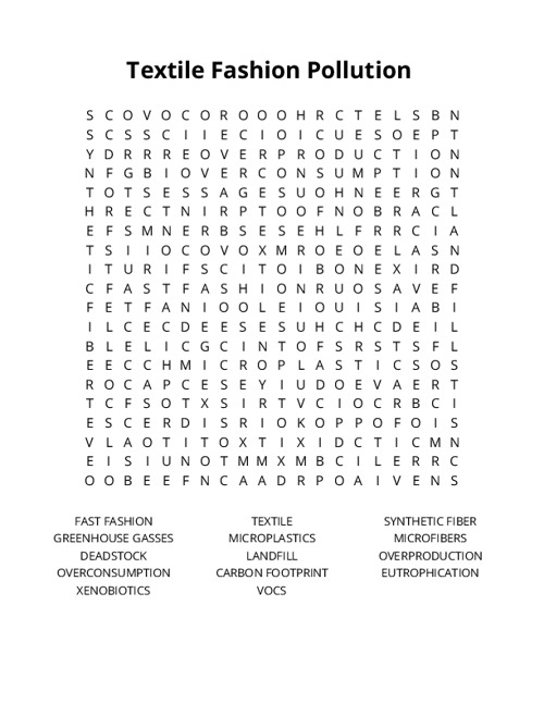 Textile Fashion Pollution  Word Search Puzzle