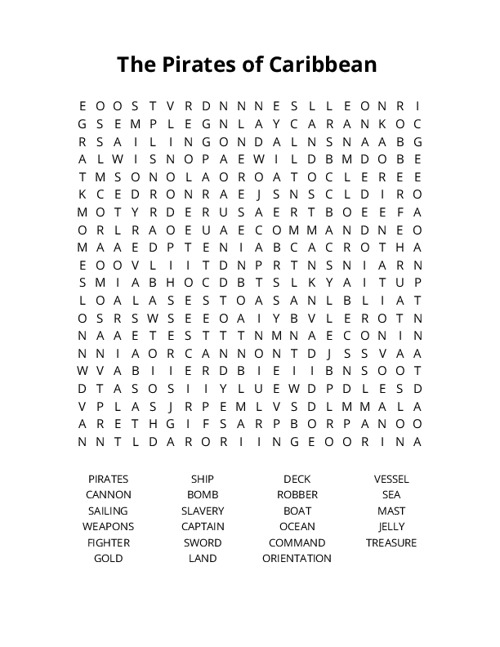 The Pirates of Caribbean Word Search Puzzle