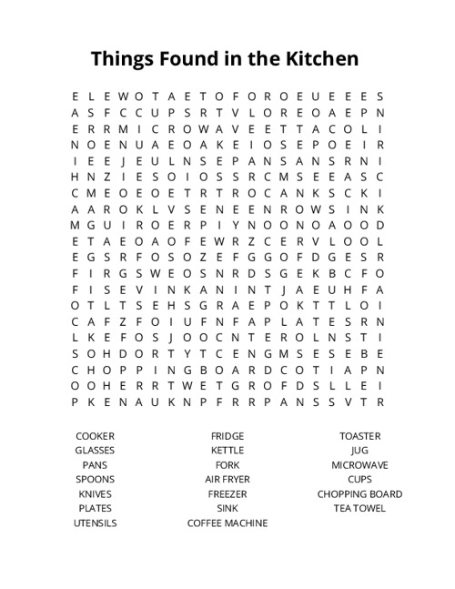 Things Found in the Kitchen Word Search Puzzle