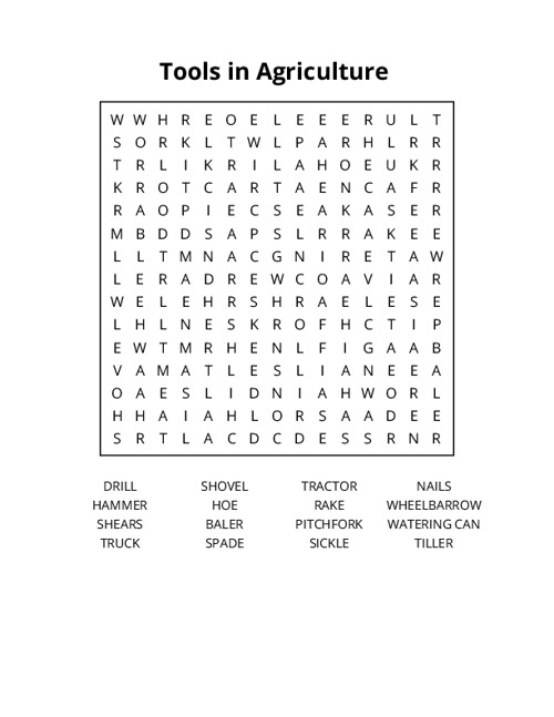 Tools in Agriculture Word Search Puzzle