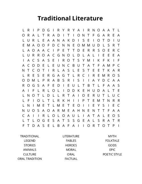 Traditional Literature Word Search Puzzle