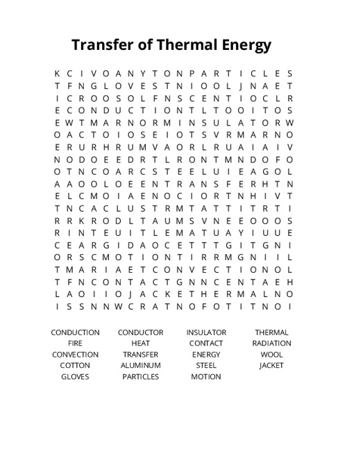 Transfer of Thermal Energy Word Search Puzzle