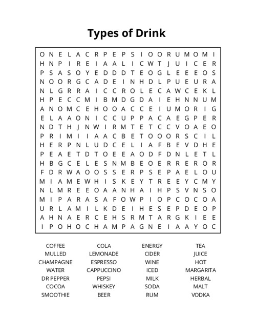 Types of Drink  Word Search Puzzle