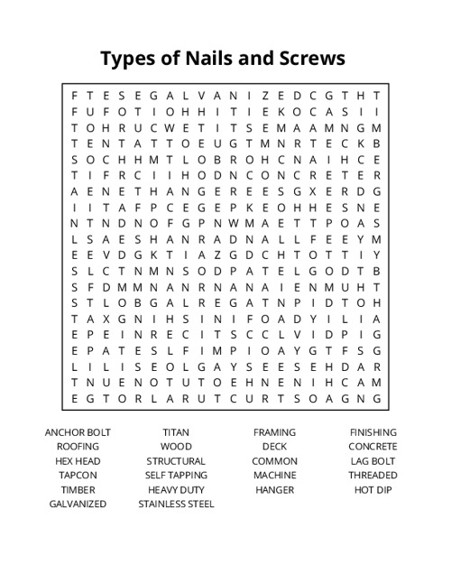 Types of Nails and Screws Word Search Puzzle