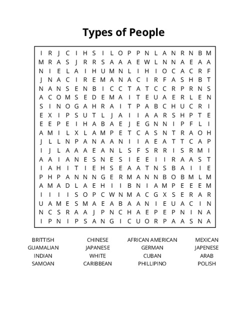 Types of People  Word Search Puzzle