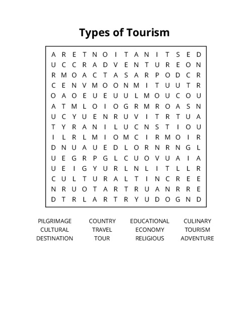 Types of Tourism Crossword Puzzle
