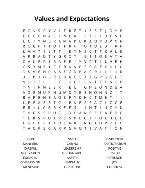 Values and Expectations  Word Search Puzzle