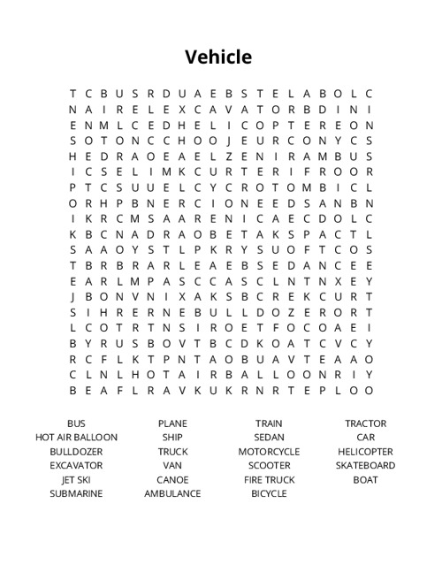 Vehicle Crossword Puzzle
