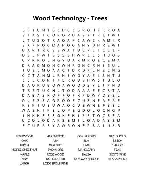 Wood Technology - Trees Word Search Puzzle