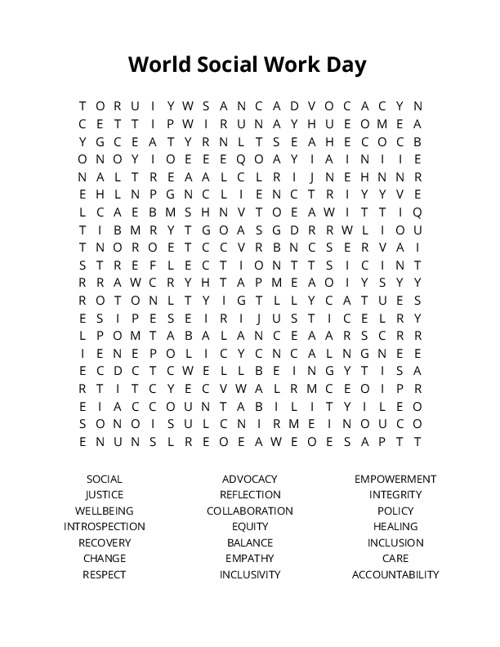 World Social Work Day Word Search Puzzle