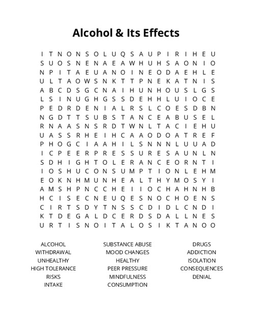 Alcohol & Its Effects Crossword Puzzle