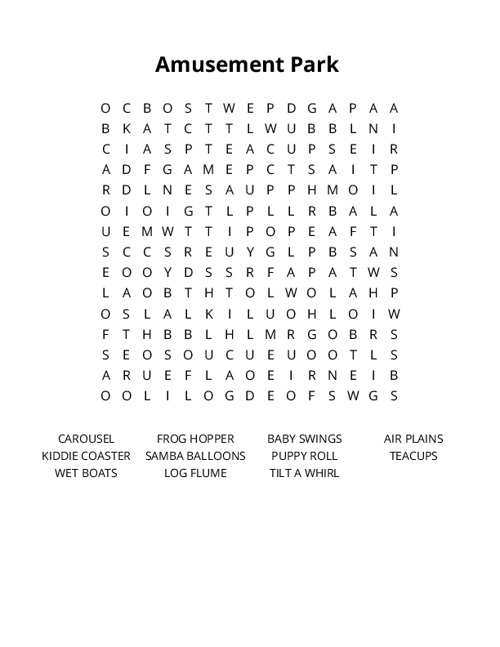 Amusement Park Word Search Puzzle