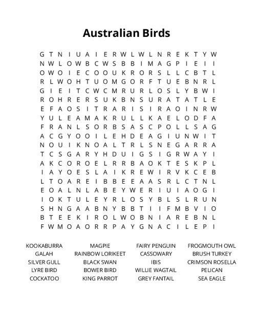 Australian Birds Crossword Puzzle